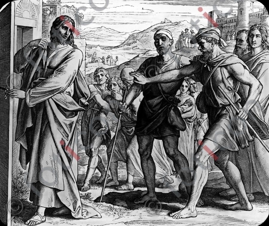 Zwei Blinde bitten Jesus um Hilfe | Two blind men ask Jesus for help - Foto foticon-simon-043-sw-023.jpg | foticon.de - Bilddatenbank für Motive aus Geschichte und Kultur